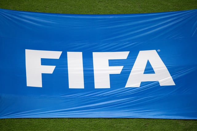 AL KHOR, QATAR – DECEMBER 14: The FIFA logo on a banner before the FIFA World Cup Qatar 2022 semi final match between France and Morocco at Al Bayt Stadium on December 14, 2022 in Al Khor, Qatar. (Photo by Visionhaus/Getty Images)