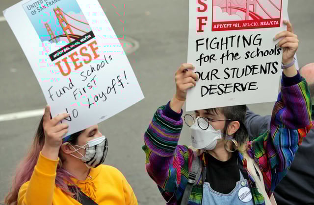 People gathered for past protests in support of teachers who haven’t been paid on time at San Francisco Unified School District headquarters.