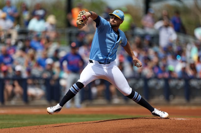 Mar 1, 2025; Port Charlotte, Florida, USA; Tampa Bay Rays pitcher Shane McClanahan (18) throws a pitch against the New York Mets in the first inning during spring training at Charlotte Sports Park. Mandatory Credit: Nathan Ray Seebeck-Imagn Images/File Photo
