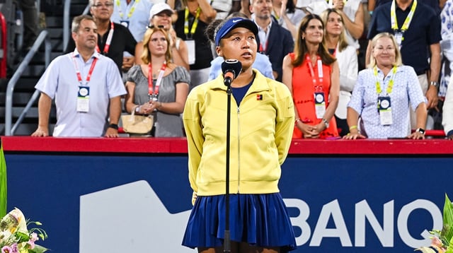 Aug 7, 2025; Montreal, QC, Canada; Runner up Naomi Osaka (JPN) adresses the crowd after her loss against Victoria Mboko (CAN) at IGA Stadium. Mandatory Credit: David Kirouac-Imagn Images