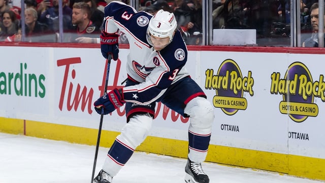 Apr 6, 2025; Ottawa, Ontario, CAN; Columbus Blue Jackets defenseman jack Johnson (3) skates with the puck in the first period against the Ottawa Senators at the Canadian Tire Centre. Mandatory Credit: Marc DesRosiers-Imagn Images