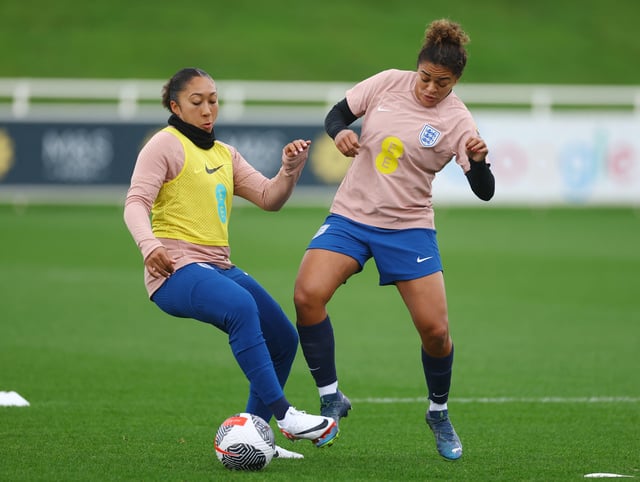 Soccer Football - Women's Nations League - England Training - St George's Park, Burton upon Trent, Britain - October 24, 2023  England's Lauren James and Jess Carter during training REUTERS/Carl Recine/File Photo
