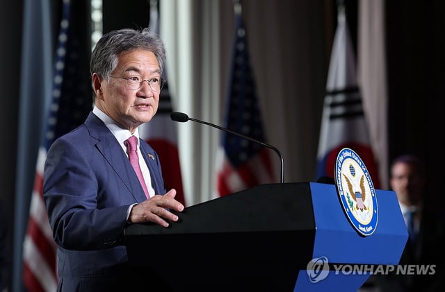 In this file photo, Joseph Yun, acting U.S. ambassador to Seoul, gives a commemorative speech at the Hyatt Hotel in Seoul's Yongsan district in celebration of the United State's Independence Day on July 2, 2025. (Pool photo) (Yonhap)