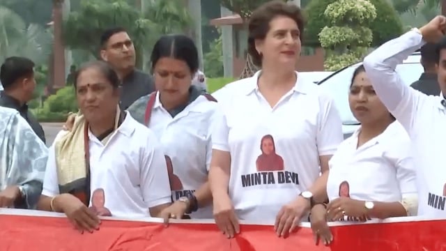 Opposition leaders, including Congress MP Priyanka Gandhi, protest against ECI's Bihar SIR near the Makar Dwar of the Parliament Tuesday | ANI