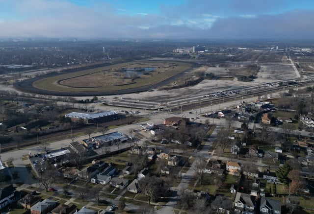 The former Arlington International Racecourse property, now owned by the Bears as a possible site for a new stadium, can be seen from a neighborhood northeast of the area on Dec. 30, 2024, in Arlington Heights. (Stacey Wescott/Chicago Tribune)