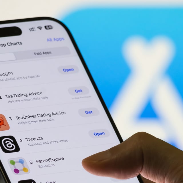 A person uses a smartphone showing the Apple App Store top charts with ChatGPT ranked as the number one free app, followed by other popular applications including Grok, on August 12, 2025.