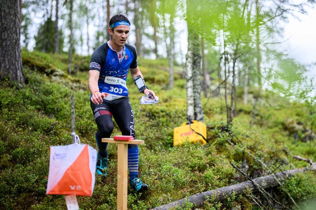 Mattia Debertolis of Italy competes in men's middle distance qualification race during day 1 of the World Orienteering Championship in Tahko, Finnland, on July 8, 2025.