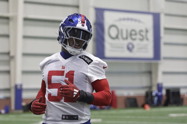 Abdul Carter #51 of the New York Giants during rookie minicamp at NY Giants Quest Diagnostics Training Center on May 09, 2025 in East Rutherford, New Jersey.