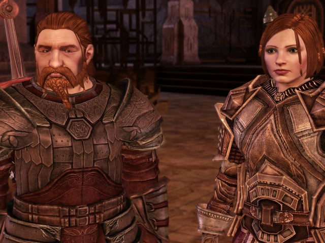 Two armored dwarves stand side by side