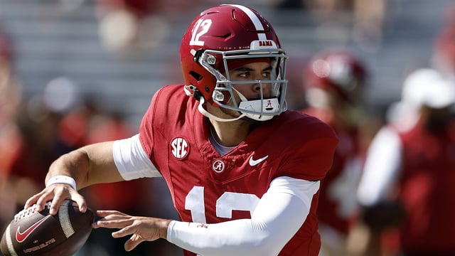 Oct 26, 2024; Tuscaloosa, Alabama, USA; Alabama Crimson Tide quarterback Dylan Lonergan (12) warms up at Bryant-Denny Stadium. Mandatory Credit: Butch Dill-Imagn Images