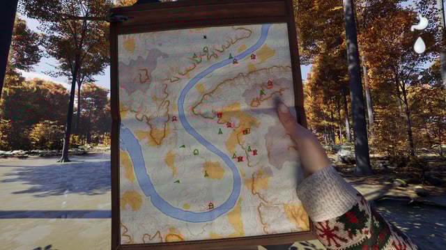 A player looking at a map next to a river in a promotional screenshot for Prologue: Go Wayback!