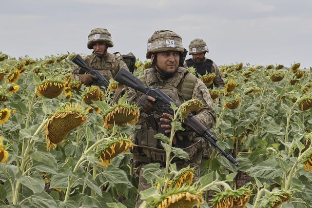 En esta foto proporcionada por el servicio de prensa de la 65º Brigada Mecanizada de Ucrania, reclutas practican habilidades militares en un campo de entrenamiento situado en un campo de girasoles, en la región de Zaporiyia, Ucrania, el lunes 11 de agosto de 2025.