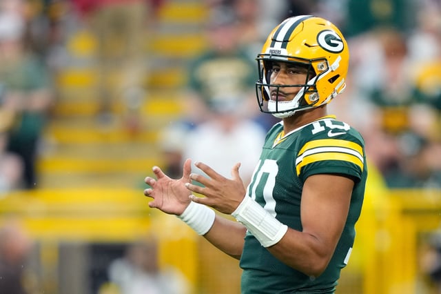 Aug 9, 2025; Green Bay, Wisconsin, USA;  Green Bay Packers quarterback Jordan Love (10) calls a play during the first quarter against the New York Jets at Lambeau Field. Mandatory Credit: Kayla Wolf-Imagn Images/File Photo