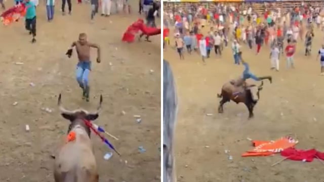 He was seen trying to leap over the bull but didn’t clear the jump and got attacked multiple times.