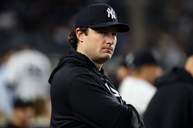 NEW YORK, NY - JUNE 16: Gerrit Cole #45 of the New York Yankees looks on from the dugout during the game against the Los Angeles Angels at Yankee Stadium on June 16, 2025 in New York, New York.