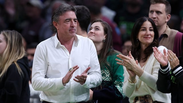 Mar 2, 2025; Boston, Massachusetts, USA; Boston Celtics majority owner Wyc Grousbeck cheers on the Celtics during the during the second half against the Denver Nuggets at TD Garden. Mandatory Credit: Paul Rutherford-Imagn Images