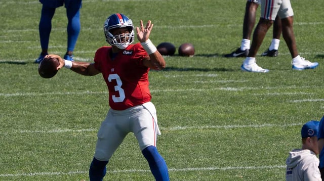 Aug 12, 2025; Florham Park, NJ, USA; at Atlantic Health Jets Training Center. The Giants and Jets participate in a joint practice at the Jets&#39; training facility in Florham Park. New York Giants #3 Russell Wilson.