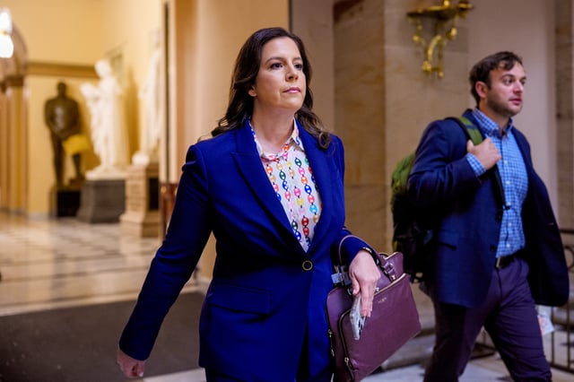 Rep. Elise Stefanik (R-NY) walks through Statuary Hall before a vote on the Republican budget plan at the U.S. Capitol on April 10, 2025 in Washington, DC.