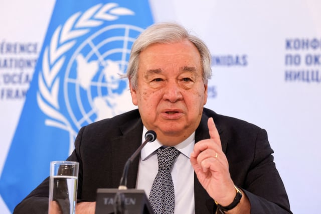 UN Secretary General Antonio Guterres is seen at a press conference on June 10, 2025.
