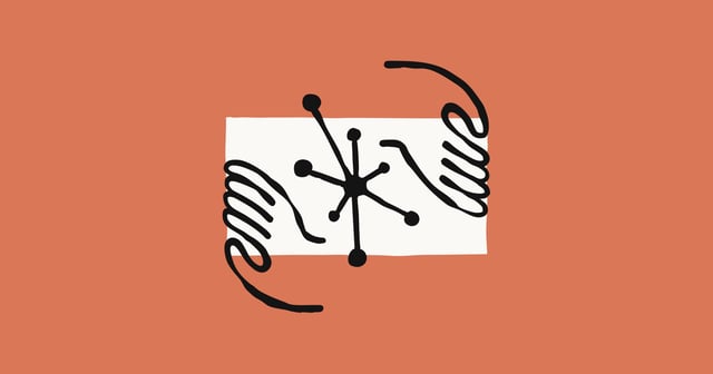 Hand reaching toward abstract node window with expanding geometric elements