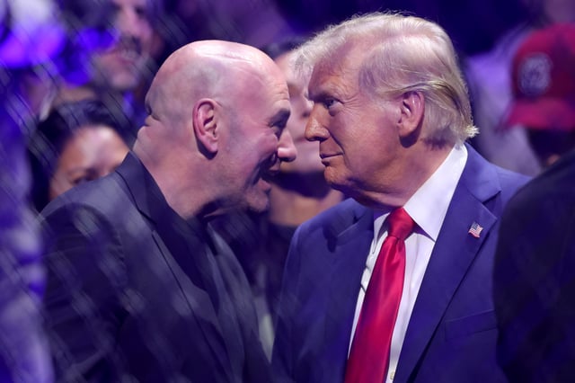Nov 16, 2024; New York, NY, USA; UFC CEO Dana White (left) talks to President-elect Donald Trump ringside during UFC 309 at Madison Square Garden.