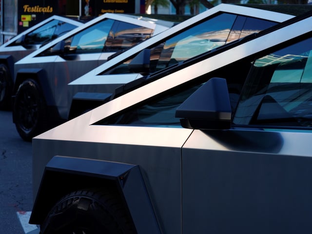 FILE - Tesla Cybertrucks are displayed at the AutoMobility LA Auto Show, Nov. 21, 2024, in Los Angeles. (AP Photo/Damian Dovarganes, File)