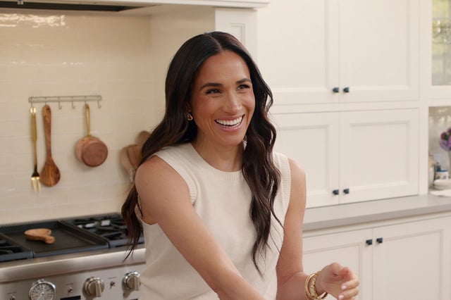 Meghan Markle smiles during filming of the first season of With Love, Meghan wihich dropped on Netflix in March 2025.