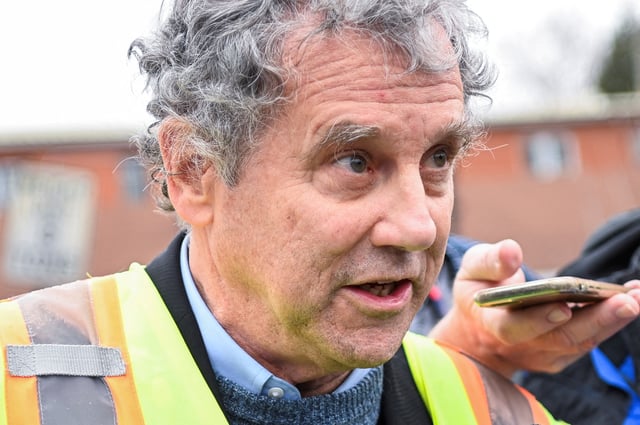 U.S. Sen. Sherrod Brown (D-OH) speaks with the media as he attends a press conference after inspecting the site of a train derailment of hazardous material in East Palestine, Ohio, U.S., February 16, 2023. REUTERS/Alan Freed/File Photo