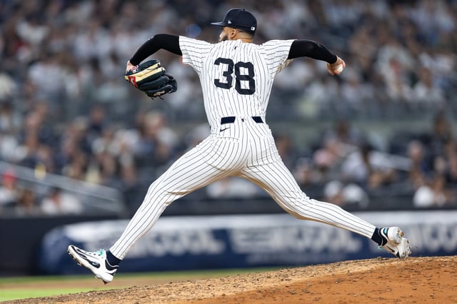 NEW YORK, NEW YORK - MAY 02: Devin Williams #38 of the New York Yankees throws a pitch during the eighth inning of the game against the Tampa Bay Rays at Yankee Stadium on May 02, 2025 in New York City.