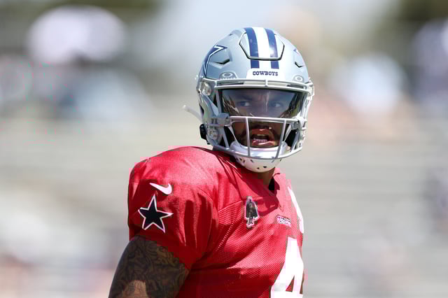 Dak Prescott #4 of the Dallas Cowboys looks on during Day 12 of Dallas Cowboys Training Camp at Staybridge Suites Oxnard on August 07, 2025 in Oxnard, California.