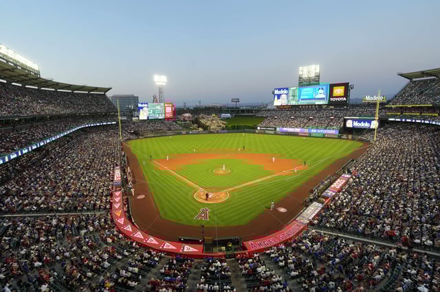 Aug 11, 2025; Anaheim, California, USA; A general overall view of Angel Stadium during the game between the Los Angeles Dodgers and the Los Angeles Angels. Mandatory Credit: Kirby Lee-Imagn Images