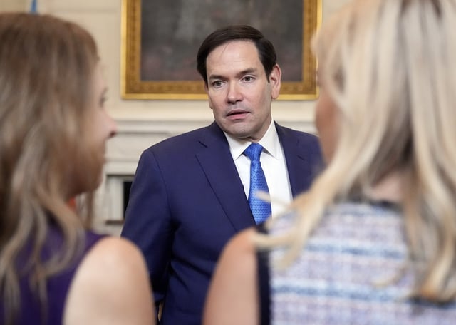 Secretary of State Marco Rubio arrives before a trilateral signing with Azerbaijan's President Ilham Aliyev and Armenia's Prime Minister Nikol Pashinyan in the State Dining Room of the White House, Friday, Aug. 8, 2025, in Washington. (AP Photo/Mark Schiefelbein)