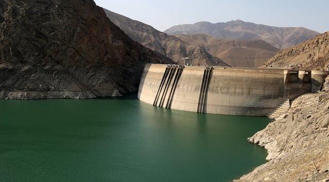 A view of Amir Kabir Dam, one of the five main reservoirs supplying water to Tehran, as the Iranian capital faces one of its most severe water crises in recent years, with dam levels dropping to historic lows on July 29, 2025. (Fatemeh Bahrami/Anadolu via Getty Images)