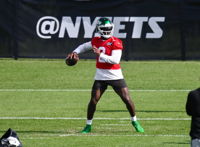 Jul 24, 2025; Florham Park, NY, USA; New York Jets quarterback Tyrod Taylor (2) participates in a drill during training camp at Atlantic Health Jets Training Center. Mandatory Credit: John Jones-Imagn Images/File Photo