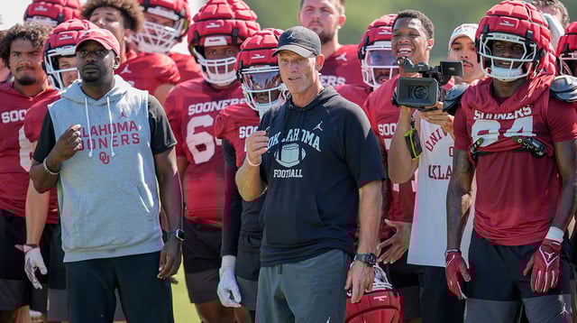 Head coach Brent Venables runs drills during football practice for the Oklahoma Sooners in Norman, Okla., on Monday, Aug. 4, 2025.