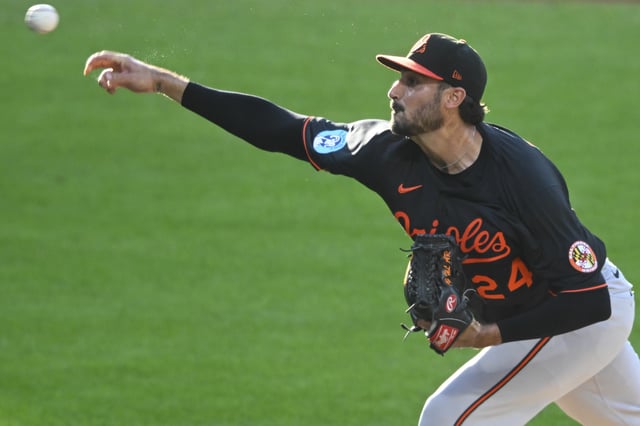 Jul 23, 2025; Cleveland, Ohio, USA; Baltimore Orioles starting pitcher Zach Eflin (24) delivers a pitch in the second inning against the Cleveland Guardians at Progressive Field. Mandatory Credit: David Richard-Imagn Images/File Photo