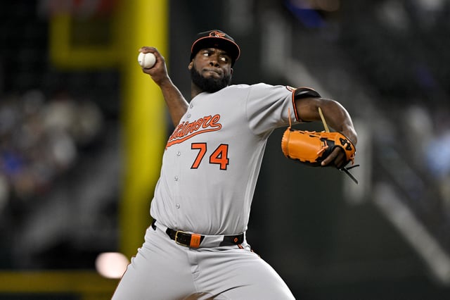Jun 30, 2025; Arlington, Texas, USA; Baltimore Orioles relief pitcher Felix Bautista (74) pitches against the Texas Rangers during the ninth inning at Globe Life Field. Mandatory Credit: Jerome Miron-Imagn Images/File Photo