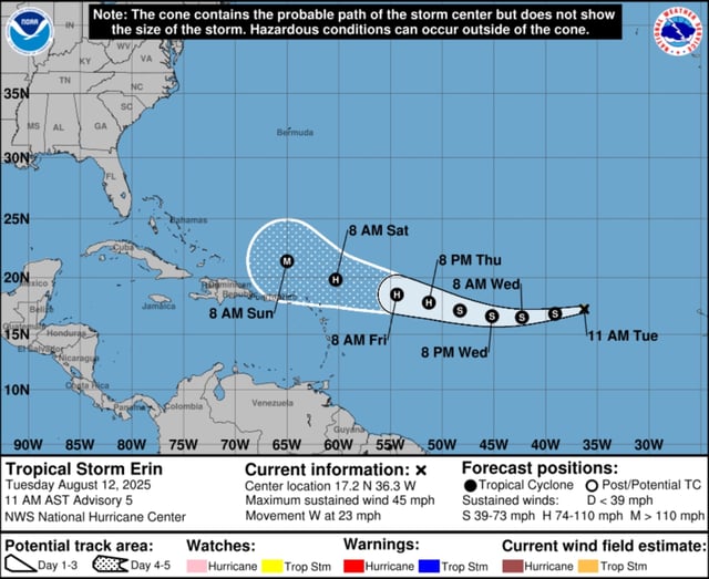 An updated forecast map for Tropical Storm Erin.