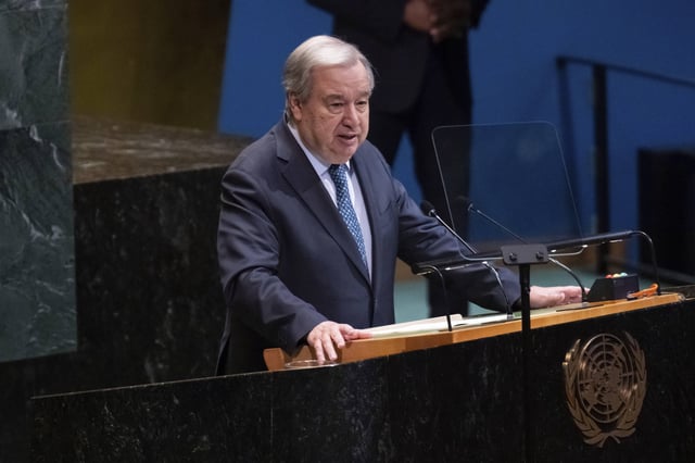 United Nations Secretary General Antonio Guterres speaks during a high-level International Conference for the Peaceful Settlement of the Question of Palestine and the Implementation of the Two-State solution at United Nations Headquarters, on Monday, July 28, 2025. (AP Photo/Adam Gray)