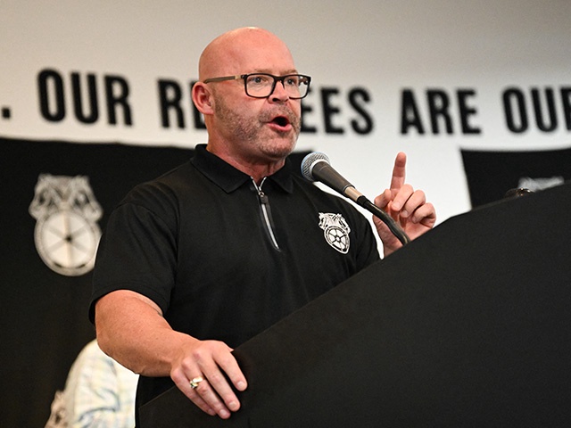 Teamsters General President Sean M. O'Brien speaks during a rally with workers and union members as part of an "Amazon Teamsters Day of Solidarity" in support of the unionization and collective bargaining of Amazon delivery drivers at the Teamsters Local 848 on August 29, 2024 in Long Beach, California. (Photo by Patrick T. Fallon / AFP) (Photo by PATRICK T. FALLON/AFP via Getty Images)