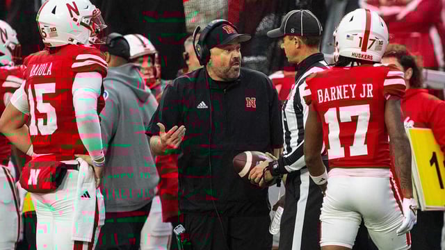 Nov 2, 2024; Lincoln, Nebraska, USA; Nebraska Cornhuskers head coach Matt Rhule talks with an official against the UCLA Bruins during the fourth quarter at Memorial Stadium. Mandatory Credit: Dylan Widger-Imagn Images