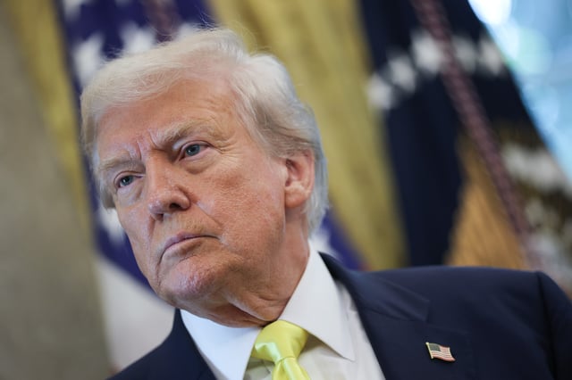 President Donald Trump can be seen listening to questions from reporters after speaking on economic data in the Oval Office on August 07, 2025 in Washington, D.C. (Photo by Win McNamee/Getty Images)