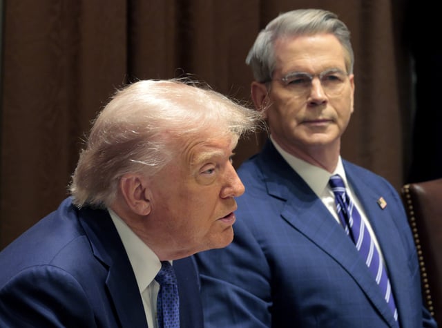 U.S. Treasury Secretary Scott Bessent listens as U.S. President Donald Trump delivers remarks during a bilateral lunch with Norway&#39;s Prime Minister Jonas Gahr Store in the Cabinet Room at the White House on April 24, 2025 in Washington, DC.