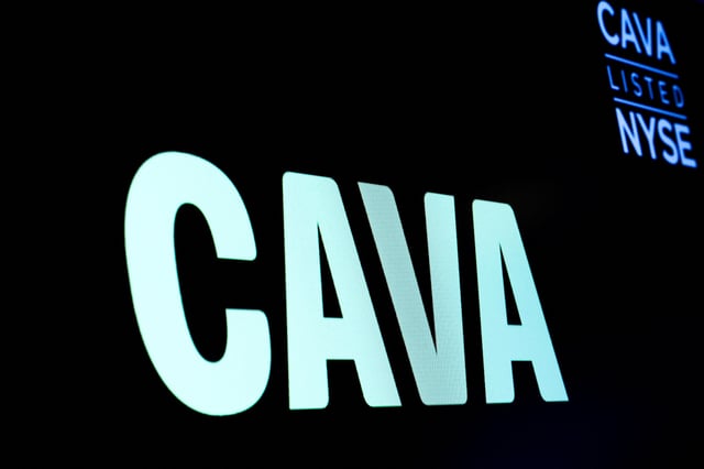 The logo for Cava Group, a Mediterranean restaurant chain, is displayed on a screen on the floor of the New York Stock Exchange (NYSE) in New York City, U.S., June 22, 2023.  REUTERS/Brendan McDermid/File Photo