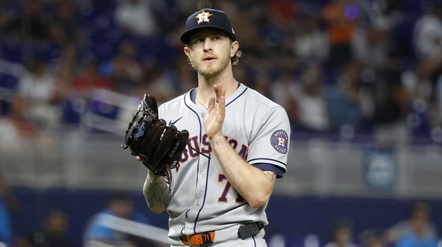 Aug 5, 2025; Miami, Florida, USA; Houston Astros pitcher Josh Hader (71) celebrates defeating the Miami Marlins following the game at loanDepot Park. Mandatory Credit: Rhona Wise-Imagn Images