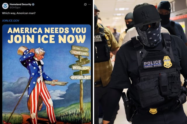 Left: A Department of Homeland Security post on X, as part of an ICE recruitment campaign. Right: Federal agents patrol the halls of immigration court at the Jacob K. Javitz Federal Building on August 12, 2025 in New York City.