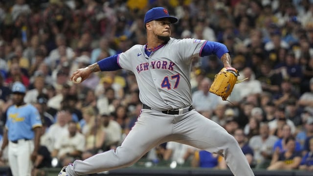 Aug 9, 2025; Milwaukee, Wisconsin, USA; New York Mets pitcher Frankie Montas (47) delivers a pitch against the Milwaukee Brewers in the second inning at American Family Field. Mandatory Credit: Michael McLoone-Imagn Images