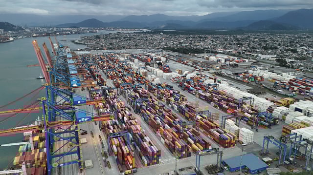 A drone view shows the port of Santos in Brazil, July 31, 2025. REUTERS/Jorge Silva/File Photo