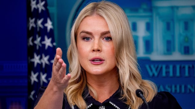 WASHINGTON, DC - AUGUST 12: White House press secretary Karoline Leavitt takes a question from a reporter during the daily press briefing in the Brady Press Briefing Room at the White House on August 12, 2025 in Washington, DC. Leavitt discussed the upcoming meeting between U.S. President Donald Trump and Russian President Vladimir Putin in Alaska, Trump&#39;s federal takeover of Washington, DC, wages and inflation, and other topics. (Photo by Andrew Harnik/Getty Images)