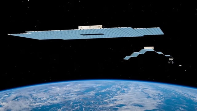 Illustration of AST SpaceMobile BlueBird cell service satellites.